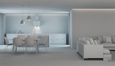 Modern ev iç. Tasarım projesi. Gri iç. 3D render.