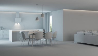 Modern ev iç. Tasarım projesi. Gri iç. 3D render.