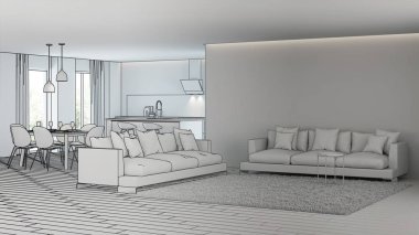 Modern ev iç. Tasarım projesi. Kroki. 3D render.