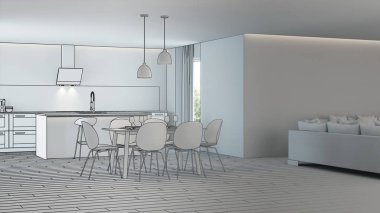 Modern ev iç. Tasarım projesi. Kroki. 3D render.