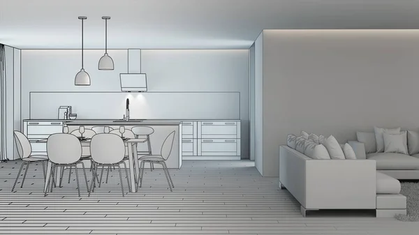Modern Huis Interieur Project Van Het Websiteontwerp Schets Rendering — Stockfoto