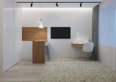 İki odalı küçük bir oda tasarım. İyi geceler. Akşam aydınlatma. 3D render.