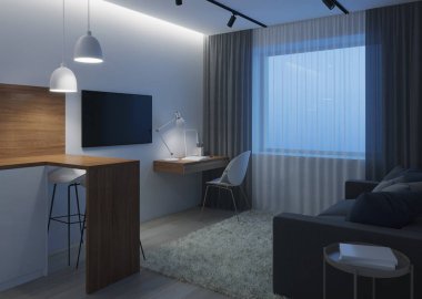 İki odalı küçük bir oda tasarım. İyi geceler. Akşam aydınlatma. 3D render.