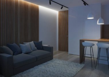 İki odalı küçük bir oda tasarım. İyi geceler. Akşam aydınlatma. 3D render.