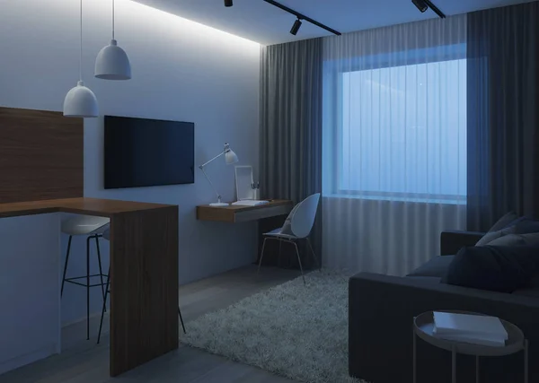 Mendesain Sebuah Ruangan Kecil Dengan Sofa Selamat Malam Malam Cahaya — Stok Foto
