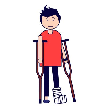 Travmatoloji. Kırık bir bacak koltuk değneği olan bir çocuk. Beyaz arka plan üzerinde izole. Vektör çizim.