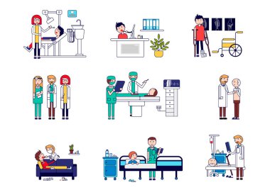 Doktorlar ve hastalar ile sağlık hizmetleri yatay dizi. Vektör çizim bir dişçi Resepsiyon, online konsültasyon, Travmatoloji, çalışan doktorlar, bir dizi. Vektör çizim.