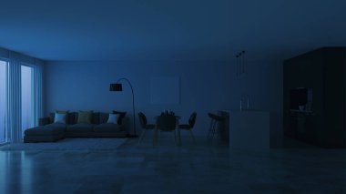 Modern ev iç. Siyah mutfak. İyi geceler. Akşam aydınlatma. 3D render.