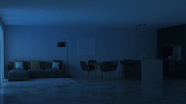 Modern ev iç. Siyah mutfak. İyi geceler. Akşam aydınlatma. 3D render.
