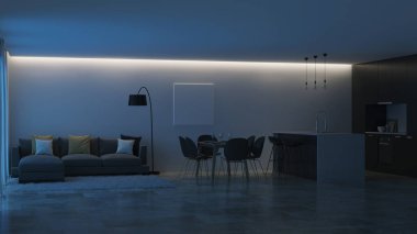 Modern ev iç. Siyah mutfak. İyi geceler. Akşam aydınlatma. 3D render.