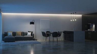 Modern ev iç. Siyah mutfak. İyi geceler. Akşam aydınlatma. 3D render.