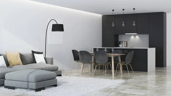 Modern Huis Interieur Zwarte Keuken Rendering — Stockfoto
