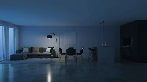 Moderna Hus Invändigt Svarta Kök Natt Kvällen Belysning Rendering — Stockfoto