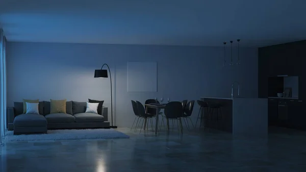 Modern Huis Interieur Zwarte Keuken Nacht Avonds Verlichting Rendering — Stockfoto