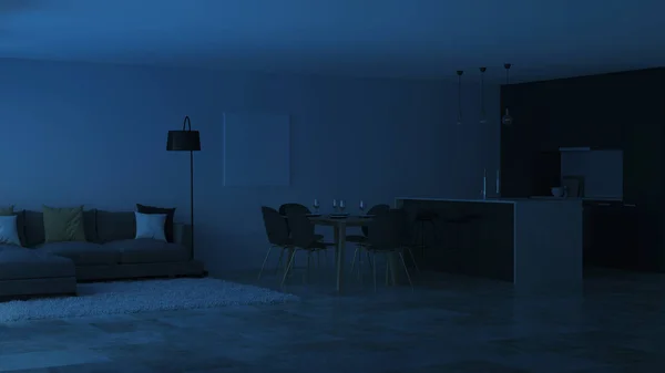 Modern Huis Interieur Zwarte Keuken Nacht Avonds Verlichting Rendering — Stockfoto