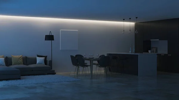 モダンな家のインテリア 黒のキッチン 夜の照明 レンダリング — ストック写真