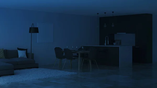 现代的房子内部 黑色厨房 晚间照明 — 图库照片