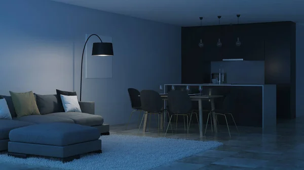 Interni Casa Moderna Cucina Nera Buonanotte Illuminazione Serale Rendering — Foto Stock