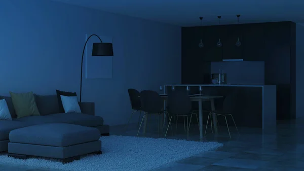 Interni Casa Moderna Cucina Nera Buonanotte Illuminazione Serale Rendering — Foto Stock