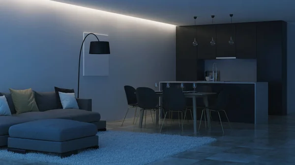 Interni Casa Moderna Cucina Nera Buonanotte Illuminazione Serale Rendering — Foto Stock