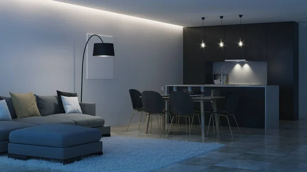 Modern Huis Interieur Zwarte Keuken Nacht Avonds Verlichting Rendering — Stockfoto