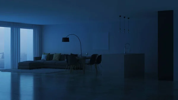Σύγχρονο Σπίτι Εσωτερικό Μαύρη Κουζίνα Βράδυ Φωτισμός Βράδυ Rendering — Φωτογραφία Αρχείου