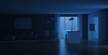 Modern ev iç. İyi geceler. Akşam aydınlatma. 3D render.