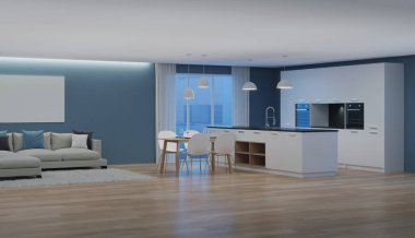 Modern ev iç. İyi geceler. Akşam aydınlatma. 3D render.