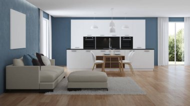 Modern ev iç. İç mavi duvarlı. 3D render.