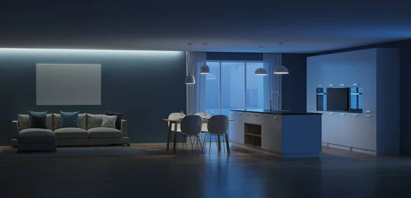 Interiér Moderní Dům Noc Večerní Osvětlení Vykreslování — Stock fotografie