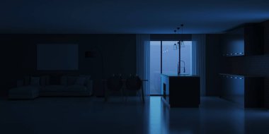 Modern ev iç. İyi geceler. Akşam aydınlatma. 3D render.