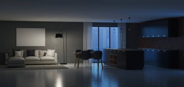 Modern ev iç. İyi geceler. Akşam aydınlatma. 3D render.