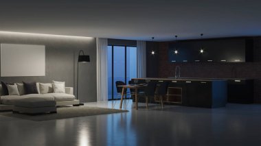 Modern ev iç. İyi geceler. Akşam aydınlatma. 3D render.