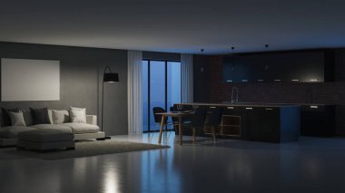 Modern ev iç. İyi geceler. Akşam aydınlatma. 3D render.