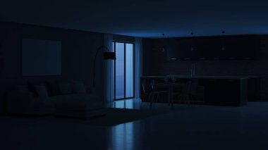 Modern ev iç. İyi geceler. Akşam aydınlatma. 3D render.