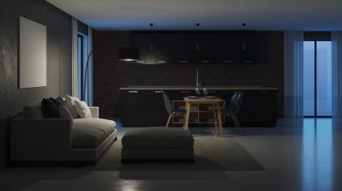 Modern ev iç. İyi geceler. Akşam aydınlatma. 3D render.
