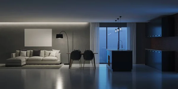 Interior Casa Moderna Buenas Noches Iluminación Nocturna Renderizado — Foto de Stock