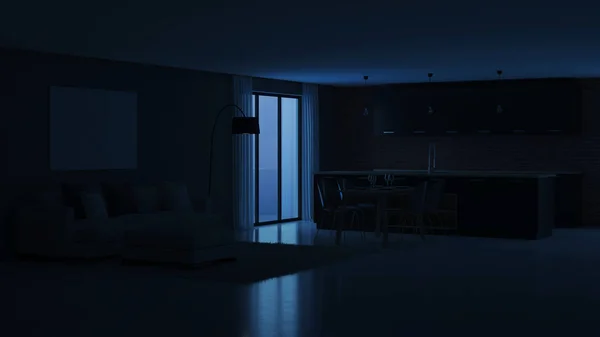 Modern House Interior Night Evening Lighting Rendering — Stock Photo, Image