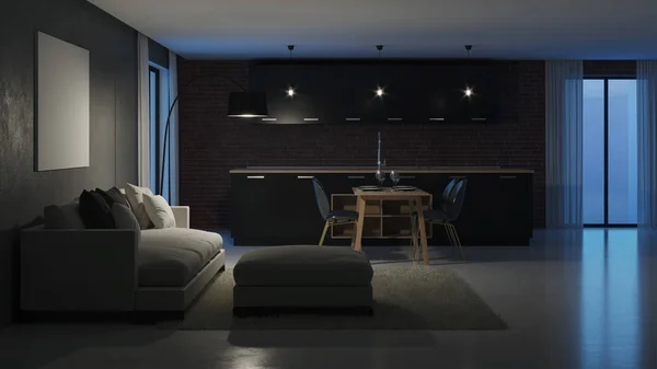 Moderne Hauseinrichtung Nacht Abendbeleuchtung Darstellung — Stockfoto