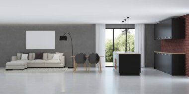 Modern ev iç. Çatı katı tarzında iç tasarım. 3D render.