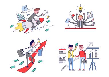 İş kavramı. Bir dizi resim iş promosyon bir konu. Beyaz arka plan üzerinde izole.