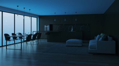 Modern ev iç. İyi geceler. Akşam aydınlatma. 3D render.