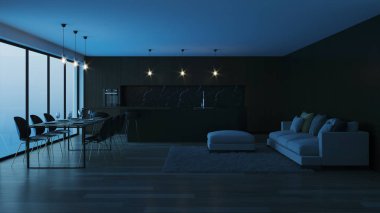 Modern ev iç. İyi geceler. Akşam aydınlatma. 3D render.