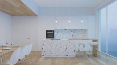 Modern ev iç. İyi geceler. Akşam aydınlatma. Beyaz duvarları ve beyaz mutfak iç. 3D render.