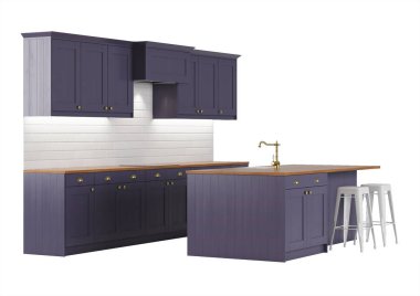 Mor mutfak beyaz zemin üzerinde. 3D render.