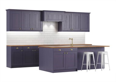 Mor mutfak beyaz zemin üzerinde. 3D render.