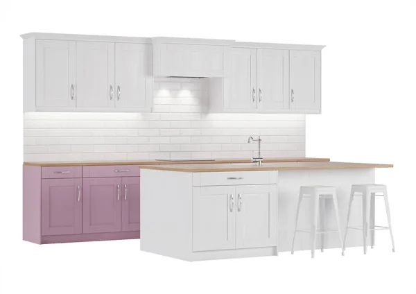 Pink kitchen on a white background. 3D rendering.