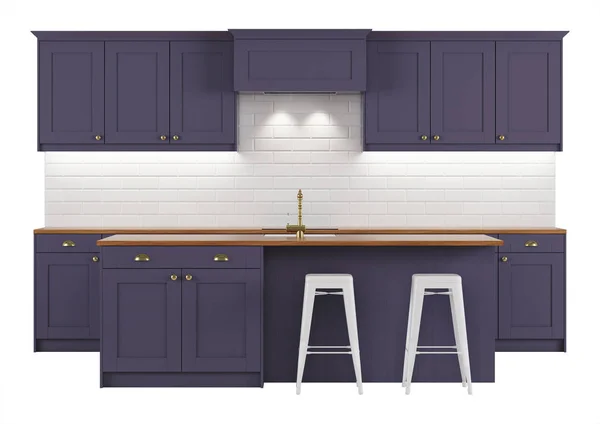 Purple kitchen on a white background. 3D rendering.
