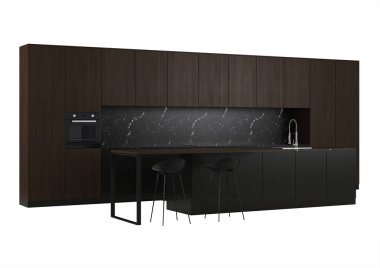 Beyaz bir arka plan üzerinde siyah mutfak. 3D render.