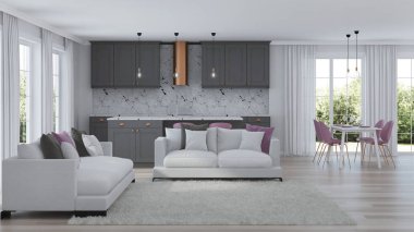 Gri mutfak ile modern ev iç. 3D render.